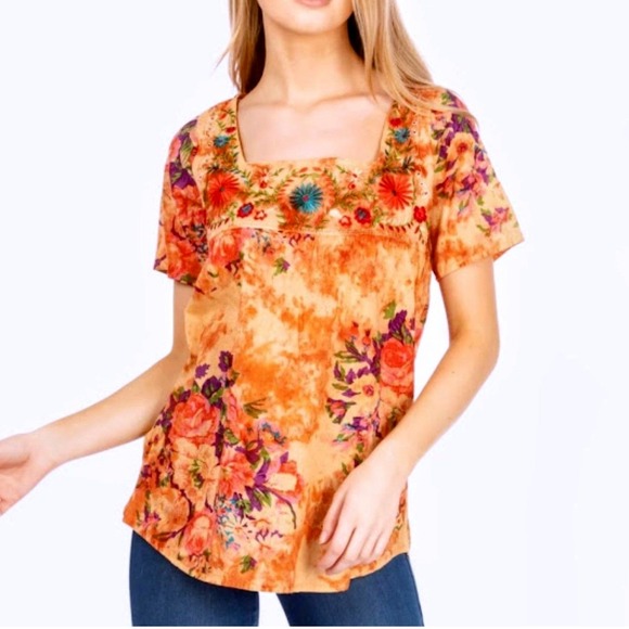 Vintage Goa Tops - Vintage Goa Square Neck Floral Embroidered Boho Women's Top in Mango ~ Large NWT